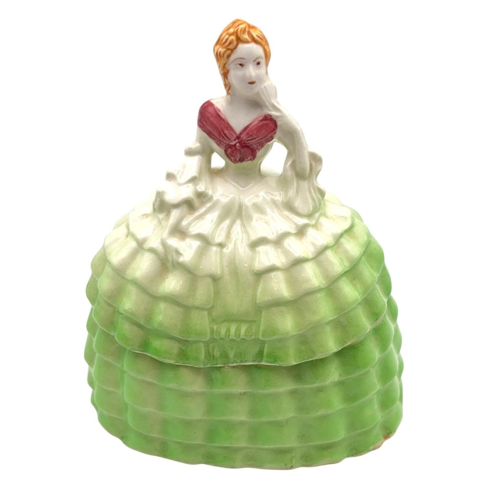 Vintage Ceramic Southern Belle Figurine Trinket Dish Box Green Dress Japan‎